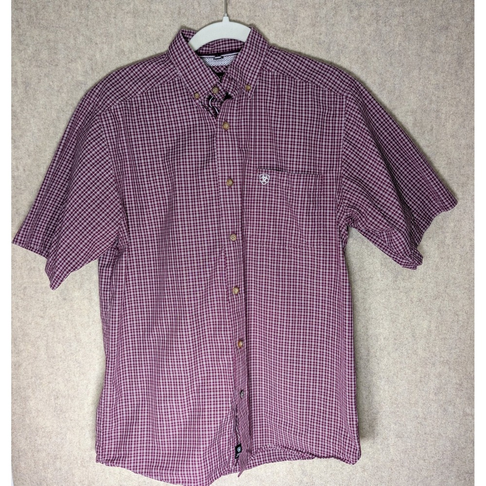 Ariat Pro Series Mens Small Burgundy Micro Check Short Sleeve Button Down Shirt